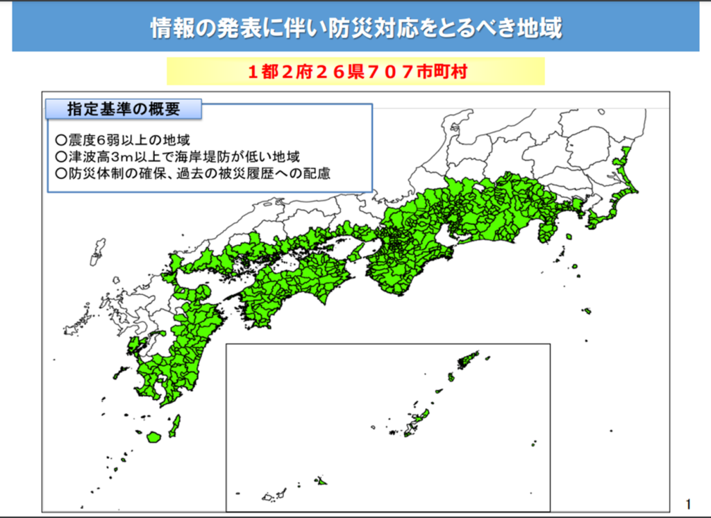 情報の発表に伴い防災対応を取るべき地域を表しています。1都2府26県707市町村が対象地域です。